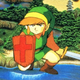 A green clad warrior crouches in a fighting stance with a large sword and shield.